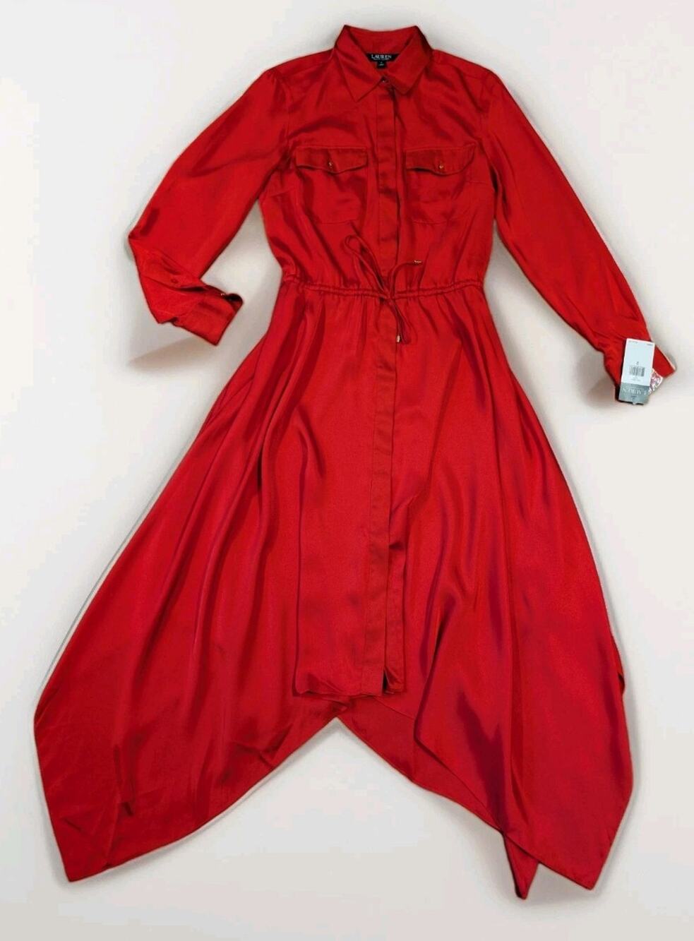 Lauren Ralph Lauren Dress Womens 2 Red NWT Handkerchief Hem Safari Shirt $155